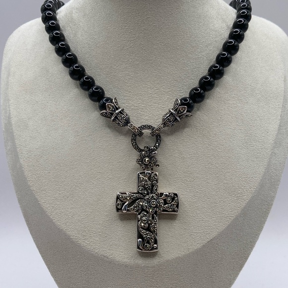Suspicion Sterling Silver Marcasite Black Agate Bead Necklace W/Cross Pe…